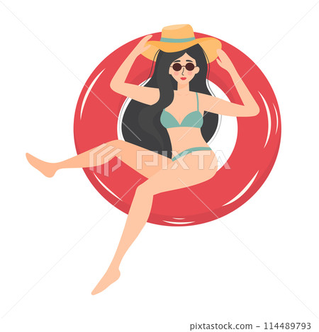 Beautiful girl in swimsuit and hat lying on an inflatable ring. Woman relaxing and sunbathing. Summer vacation, holiday, travel, leisure. 114489793