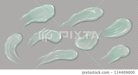 Watery green cream smear set. Natural moisturizing gel for skin care. Realistic 3D texture cosmetic 114489800