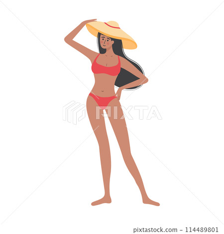 Beautiful tanned girl in swimsuit and hat standing. Woman relaxing and sunbathing. Summer vacation, holiday, travel, leisure. Beautiful tanned girl in swimsuit and hat standing. Woman relaxing and sunbathing. Summer vacation, holiday, travel, leisure. 114489801