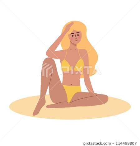 Beautiful tanned girl in swimsuit sitting. Woman relaxing and sunbathing. Summer vacation, holiday, travel, leisure. 114489807