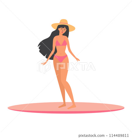 Beautiful tanned girl in swimsuit and hat standing on a surfboard. Woman relaxing and sunbathing. Summer vacation, holiday, travel, leisure. 114489811