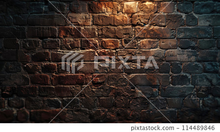 Black old brick wall texture. Dark background for design with moody lighting Black old brick wall texture. Dark background for design with moody lighting 114489846