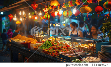 Colorful Mexican Street Food Market At Night. Festive Cinco de Mayo Decorations. Assortment Of Traditional Food 114489876