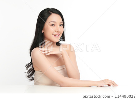 Beautiful young asian woman with clean fresh skin on white background, Face care, Facial treatment, Cosmetology, beauty and spa, Asian women portrait. Beautiful young asian woman with clean fresh skin on white background, Face care, Facial treatment, Cosmetology, beauty and spa, Asian women portrait. 114490022