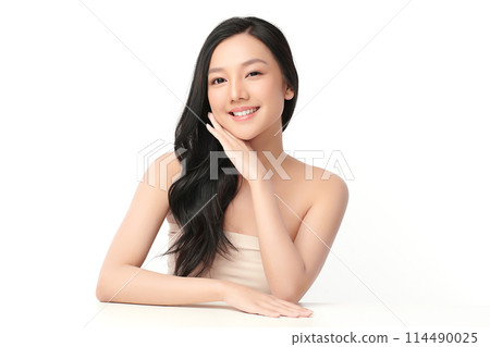 Beautiful young asian woman with clean fresh skin on white background, Face care, Facial treatment, Cosmetology, beauty and spa, Asian women portrait. 114490025