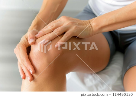Japanese woman holding her knee with both hands (knee pain, knee pain, joint pain, knee joint) 114490150