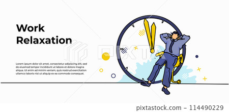 Break Time Web Banner. Vector illustration of a man sitting relaxing beside a clock. Modern flat in continuous line style. Break Time Web Banner. Vector illustration of a man sitting relaxing beside a clock. Modern flat in continuous line style. 114490229