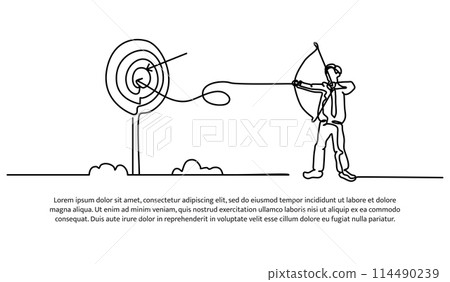 Continuous line design of archery businessman. Opportunity, achievement and leadership design concept. Decorative elements drawn on a white background. 114490239