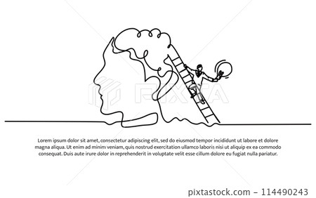Continuous line design of bringing bulb to brain. New knowledge design concept. Decorative elements drawn on a white background. Continuous line design of bringing bulb to brain. New knowledge design concept. Decorative elements drawn on a white background. 114490243
