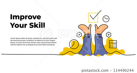 Vector illustration of self development. Smart work plan setting. Modern flat in continuous line style. Vector illustration of self development. Smart work plan setting. Modern flat in continuous line style. 114490244