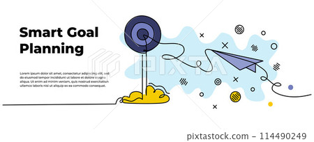 Vector illustration of self development. Paper airplane flying towards target circle. Modern flat in continuous line style. 114490249
