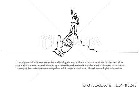 Continuous line design of hands supporting the person at the highest point of the hill. Leadership and motivation concept design. Decorative elements drawn on a white background. 114490262