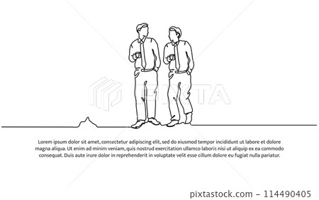 Continuous line design of two young men walking discussing holding coffee cup. Work relaxation design concept. Decorative elements drawn on a white background. Continuous line design of two young men walking discussing holding coffee cup. Work relaxation design concept. Decorative elements drawn on a white background. 114490405