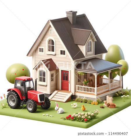 3d farmhouse with tractor 114490407