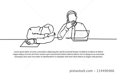 Continuous line design of two male workers limp in front of laptop. Work fatigue design concept. Decorative elements drawn on a white background. Continuous line design of two male workers limp in front of laptop. Work fatigue design concept. Decorative elements drawn on a white background. 114490466