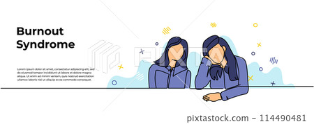 Burnout Syndrome Web Banner. Vector illustration of two sad and limp looking girls. Modern flat in continuous line style. 114490481