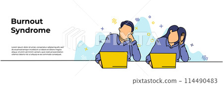 Work Burnout Syndrome Web Banner. Vector illustration of male and female workers looking limp at their desks. Modern flat in continuous line style. 114490483