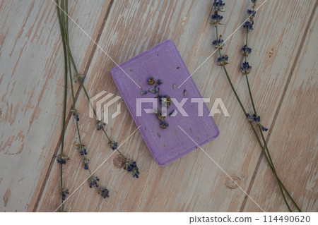 Handcrafted purple lavender soap with lavender flowers. Natural hydrating moisturiser softness cosmetic. Organic calming beauty skincare product. Herbal self care wellness alternative soap 114490620
