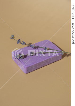 Handmade aromatic spa lavender soap. Natural additives and extracts. Bar of lavender soap with dried flowers. Beauty treatment product herbal ecological organic cosmetics 114490633