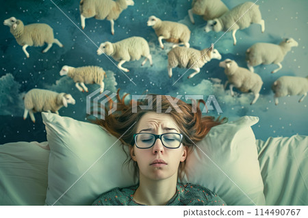 woman with insomnia lies on a pillow and counting sheep in her head woman with insomnia lies on a pillow and counting sheep in her head 114490767
