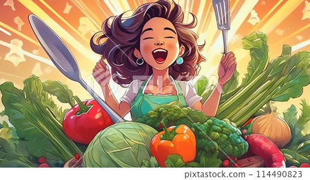 A woman tries to cook a lot of vegetables while singing 114490823