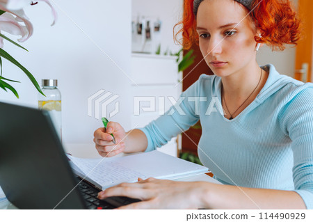 portrait red-haired teenage girl sitting at table in room using computer portrait red-haired teenage girl sitting at table in room using computer 114490929