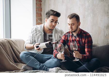 Laughing male gay couple drinking wine and preparing a meal Laughing male gay couple drinking wine and preparing a meal 114491023