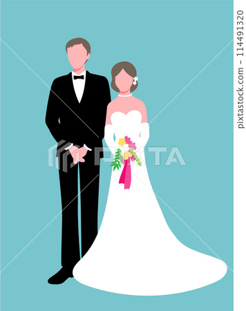 Portrait of a bride in a wedding dress and a groom in a tuxedo 114491320