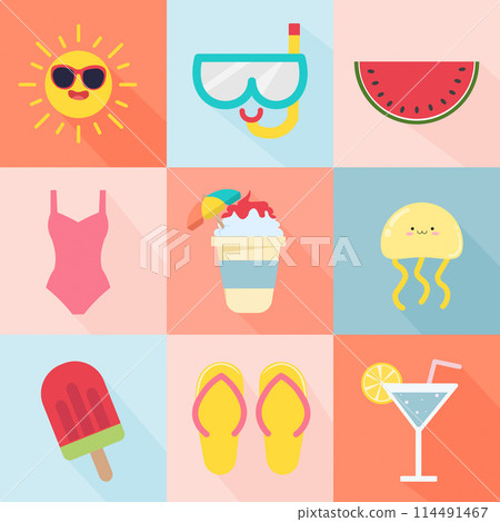 Summer pattern. Set of vector Summer posters. Ice cream, beach umbrella, flip flops and a cocktail . Abstract vector background patterns. Perfect background for posters, cover art, flyer, banner. Summer pattern. Set of vector Summer posters. Ice cream, beach umbrella, flip flops and a cocktail . Abstract vector background patterns. Perfect background for posters, cover art, flyer, banner. 114491467