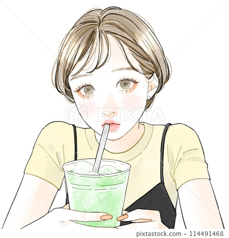 Woman drinking melon soda Woman drinking melon soda 114491468