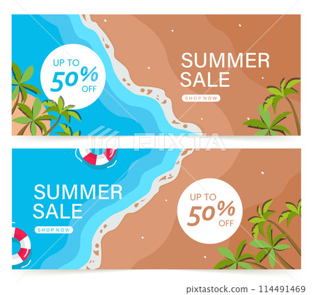 Hello summer discount promotion label Top view of sunny beach with ocean waves, inflatable rings, coconut trees. Vector illustration in flat style. Hello summer discount promotion label Top view of sunny beach with ocean waves, inflatable rings, coconut trees. Vector illustration in flat style. 114491469