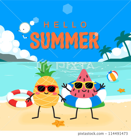 Hello Summer with cute watermelon and pineapple character enjoying summer on beach. 114491473