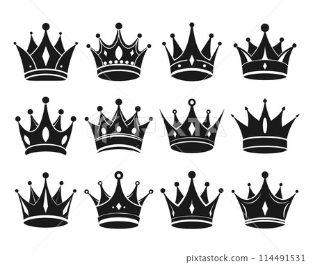 Set of royal crowns. Collection of black silhouettes of crowns on a white background. Vector 114491531