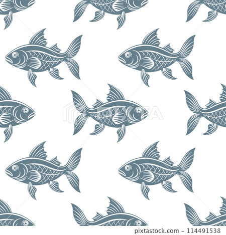 Seamless pattern,  silhouettes of sea fish with waves on a white background. Print, textile 114491538