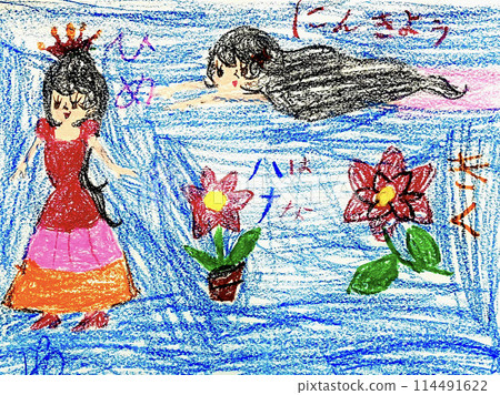 A child's drawing of a princess, a mermaid and a flower A child's drawing of a princess, a mermaid and a flower 114491622