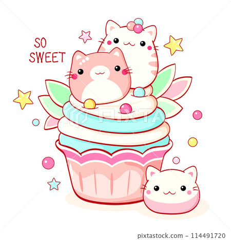 Cute cat-shaped dessert in kawaii style. Cake, muffin and cupcake with whipped cream and berry. Inscription So sweet. Can be used for t-shirt print, sticker, greeting card. Vector illustration EPS8 Cute cat-shaped dessert in kawaii style. Cake, muffin and cupcake with whipped cream and berry. Inscription So sweet. Can be used for t-shirt print, sticker, greeting card. Vector illustration EPS8 114491720