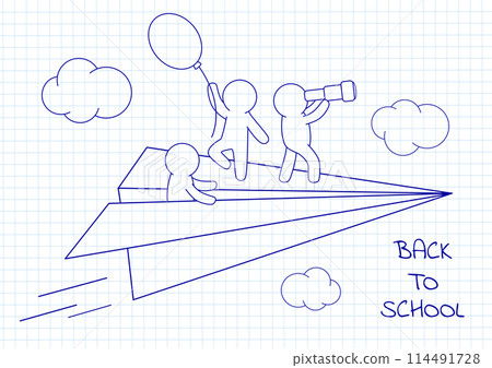 Back to school. Three little people on a flying paper plane. Travel and exploration. Hand drawn sketch on notebook page. Education, freedom and creativity concept. Vector illustration EPS8 114491728