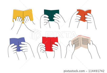 Hand with book, hand holds a opened book, people hands holding books vector illustration Hand with book, hand holds a opened book, people hands holding books vector illustration 114491742