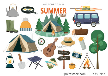 Summer camping items set. Summer travel and picnic stuff. Tourism and adventure accessories. Camera, holiday backpack, campfire, trailer. Flat graphic vector illustration isolated on white background 114491944