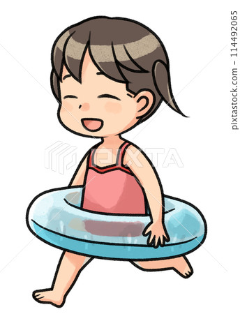 A girl running with a swim ring 114492065