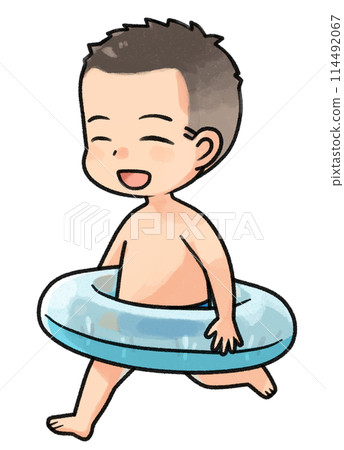 A boy running with a swim ring 114492067