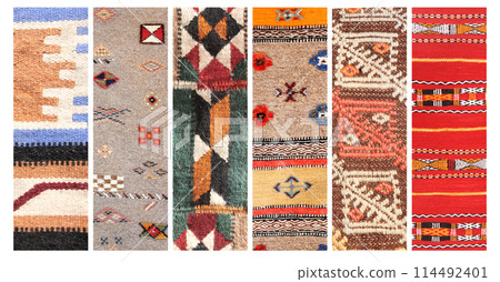 Set of vertical or horizontal banners with textures of berber traditional wool carpet with geometric pattern, Morocco, Africa 114492401