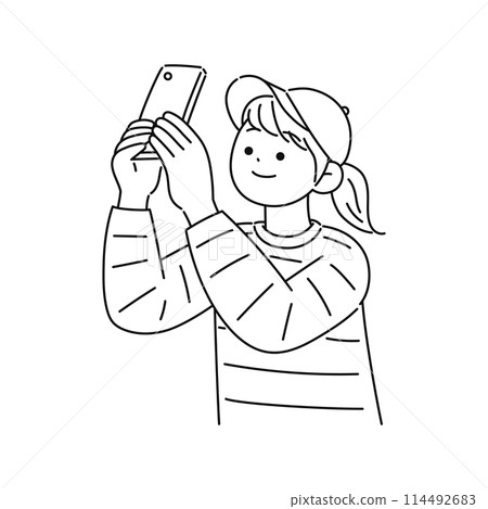 Woman taking a picture with a smartphone, line drawing 114492683