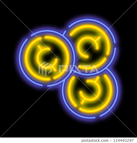Neon glowing dold american coin 1 cent. Cash, bank loan, casino chip. Night advertising sign element. Glowing neon icon isolated on black background 114493297
