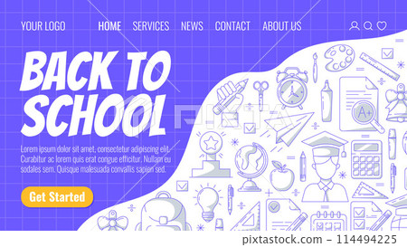 School and education supplies, line icons. Back to school, learning concept. Vector modern template for web, banner, poster, landing page, website. Checkered background School and education supplies, line icons. Back to school, learning concept. Vector modern template for web, banner, poster, landing page, website. Checkered background 114494225