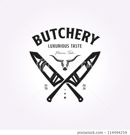 illustration of a meat restaurant logo design with a butcher knife illustration of a meat restaurant logo design with a butcher knife 114494259