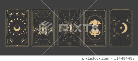 Tarot reverce border magic sacred cover card frame gold line border celelstial mystery esoteric decoration with moth stars and moon on dark background. 114494492