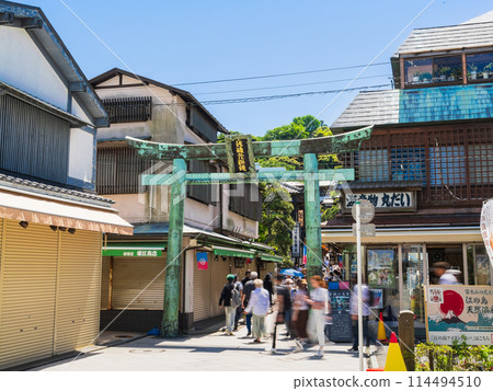 Bronze torii gate at the entrance to Enoshima Shrine 114494510