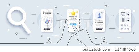 Market, Lighthouse and Door line icons pack. Phone screen mockup with 3d star, alert and chat message. University campus, Home insurance, Box size web icon. Food market, Open door pictogram. Vector 114494566