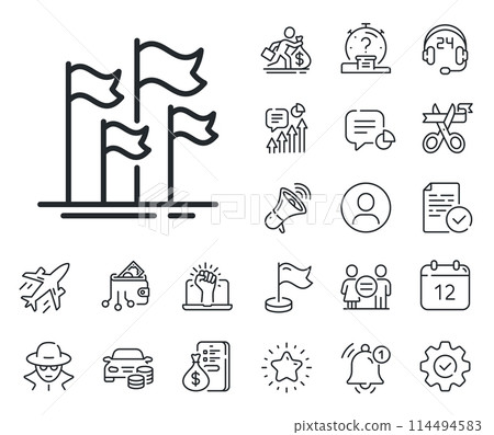 Goal success sign. Salaryman, gender equality and alert bell outline icons. Flags line icon. Leadership symbol. Flags line sign. Spy or profile placeholder icon. Online support, strike. Vector Goal success sign. Salaryman, gender equality and alert bell outline icons. Flags line icon. Leadership symbol. Flags line sign. Spy or profile placeholder icon. Online support, strike. Vector 114494583
